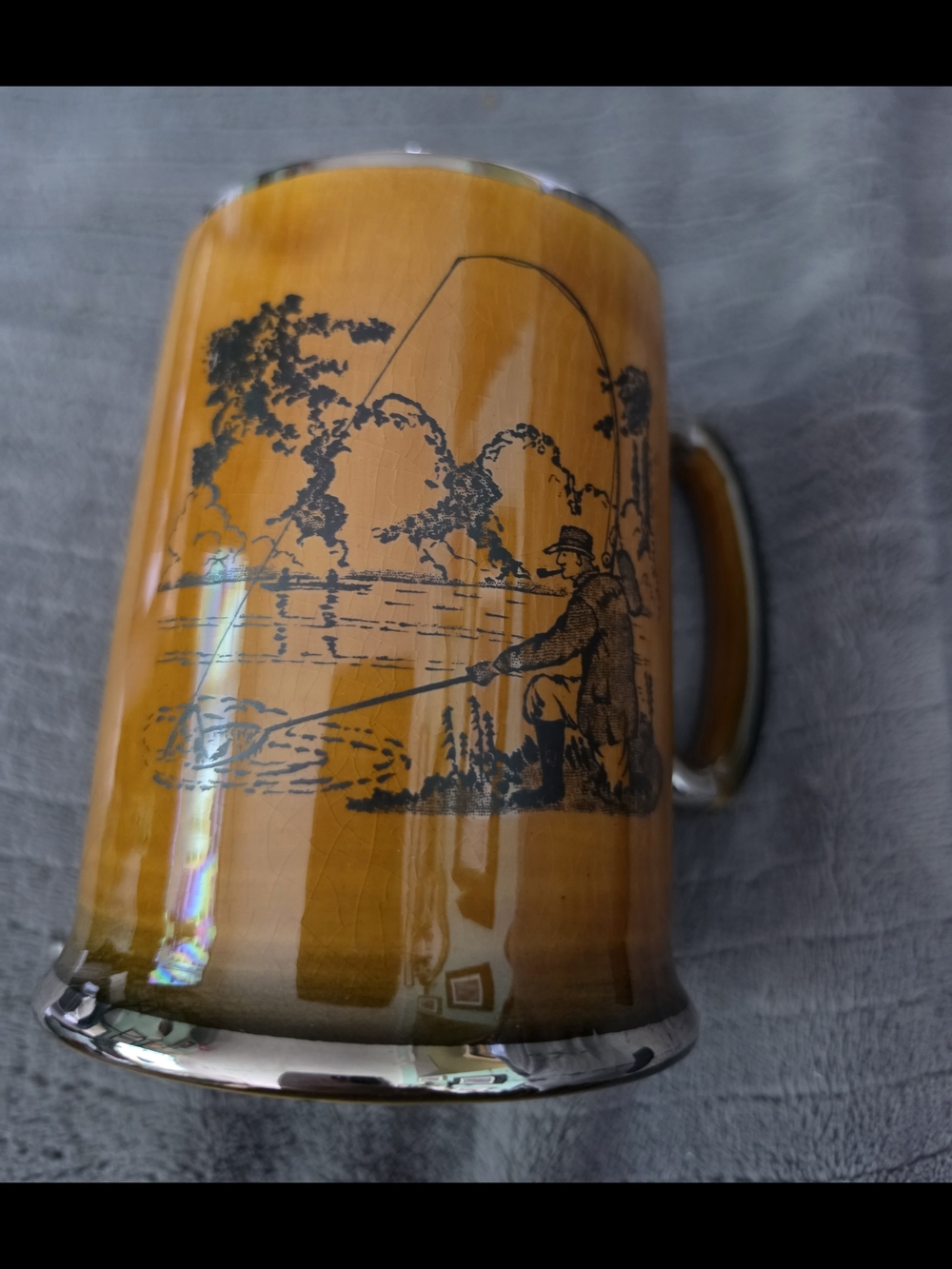 Brooks Brothers Amber Brown Ceramic Fishing Scene Mug with Silver Trim